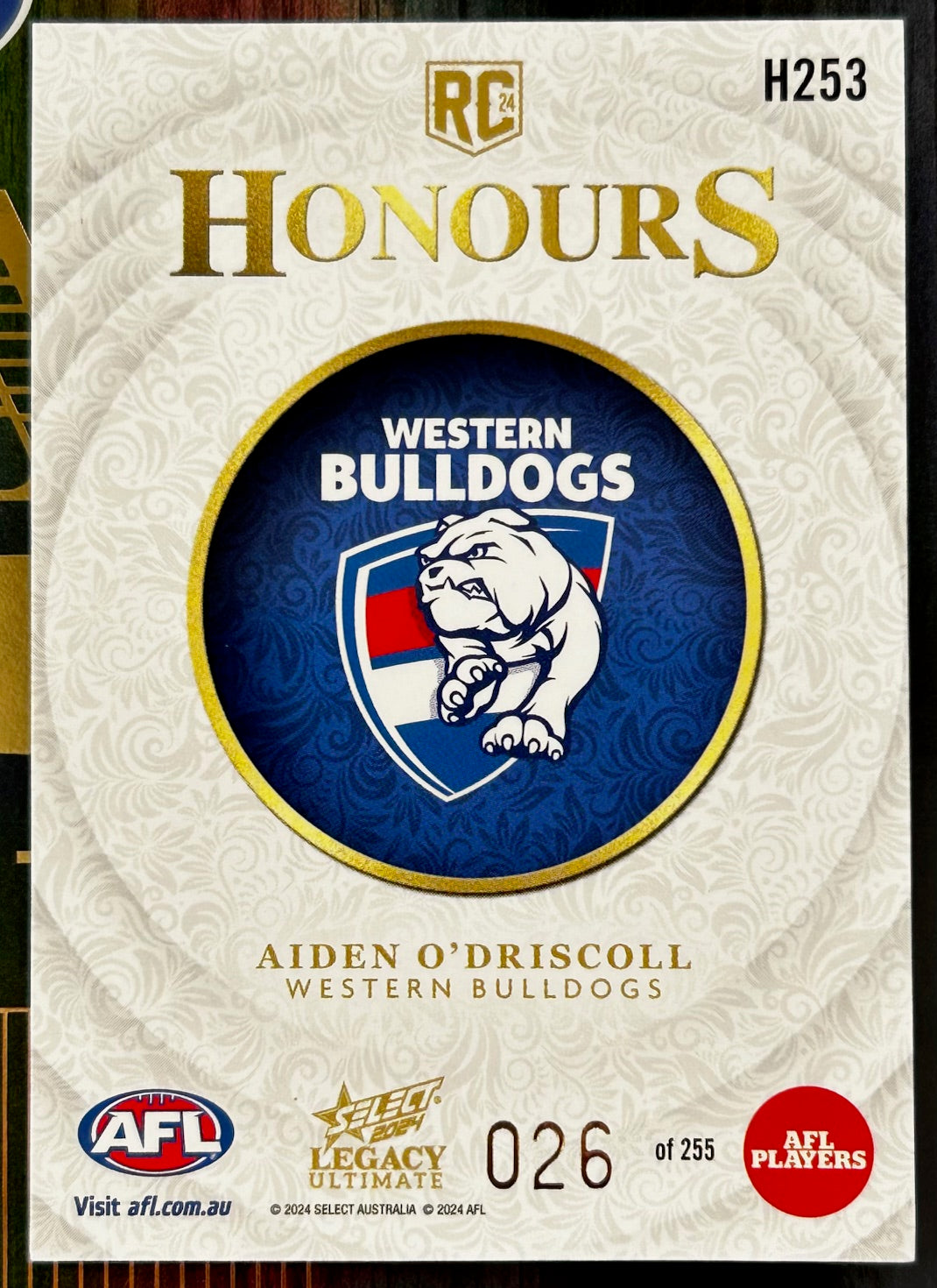 Select AFL 2024 Legacy Ultimate - AIDEN O'DRISCOLL (WESTERN BULLDOGS) Honours RC Rookie H253 /255