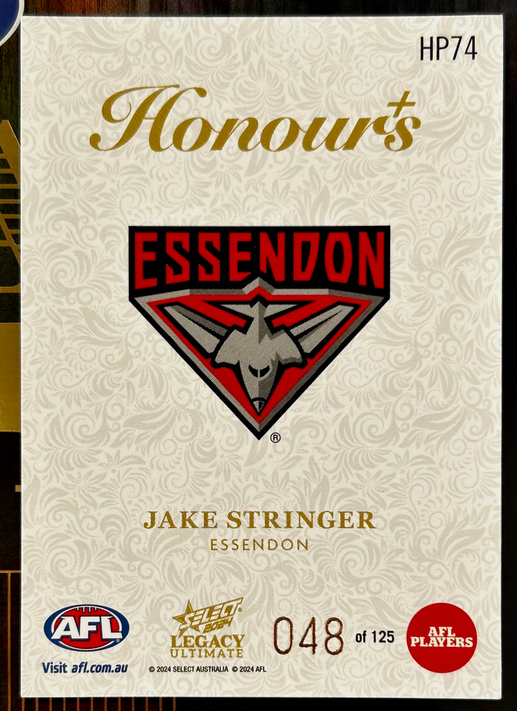 Select AFL 2024 Legacy Ultimate - JAKE STRINGER (ESSENDON) Honours Plus HP74 /125
