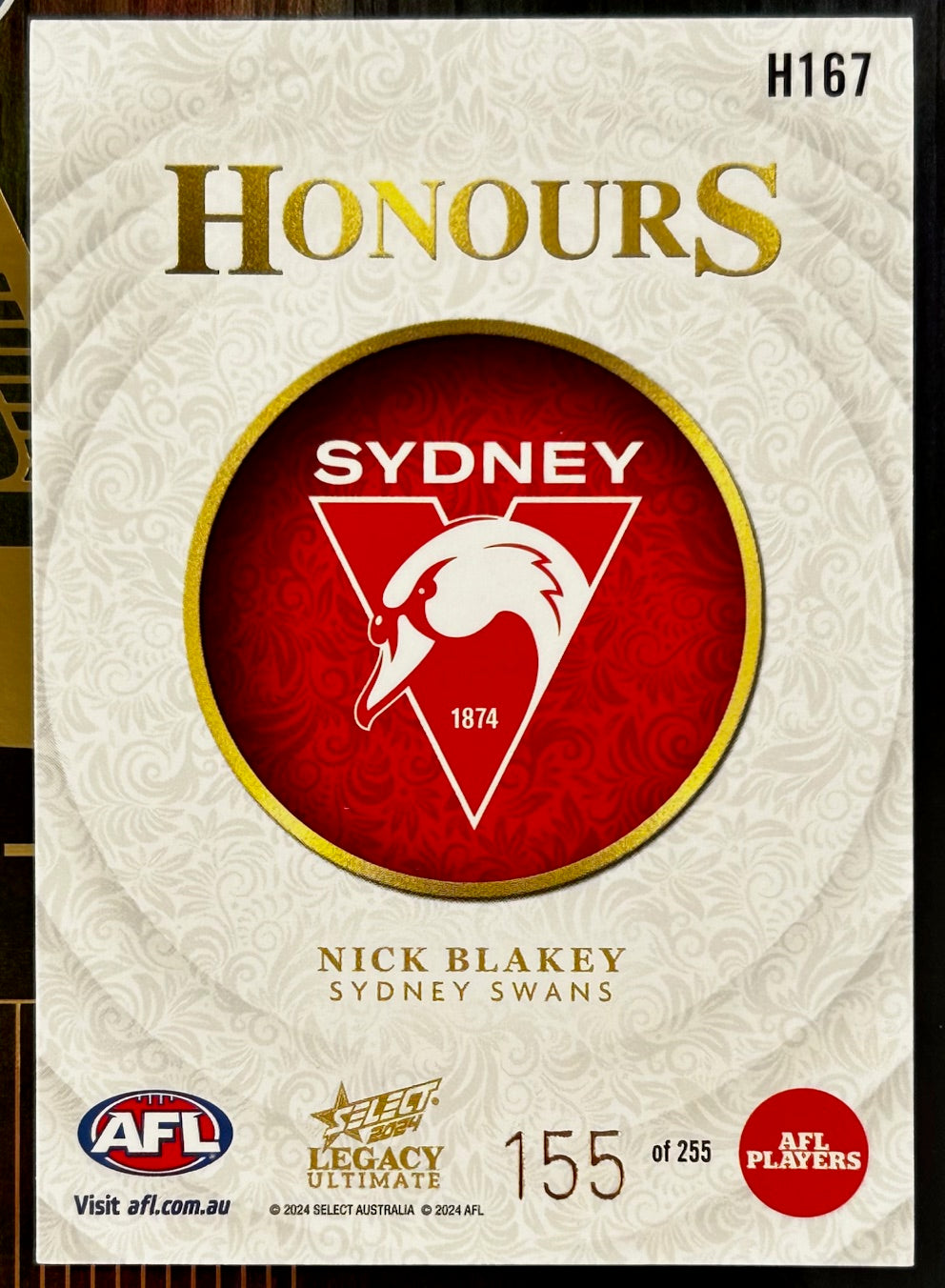 Select AFL 2024 Legacy Ultimate - NICK BLAKEY (SYDNEY SWANS) Honours H167 /255