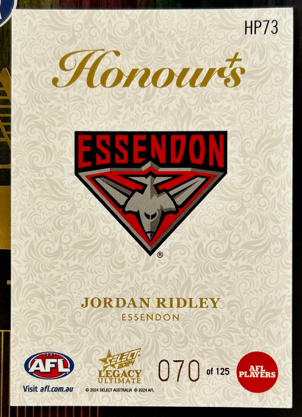 Select AFL 2024 Legacy Ultimate - JORDAN RIDLEY (ESSENDON) Honours Plus HP73 /125