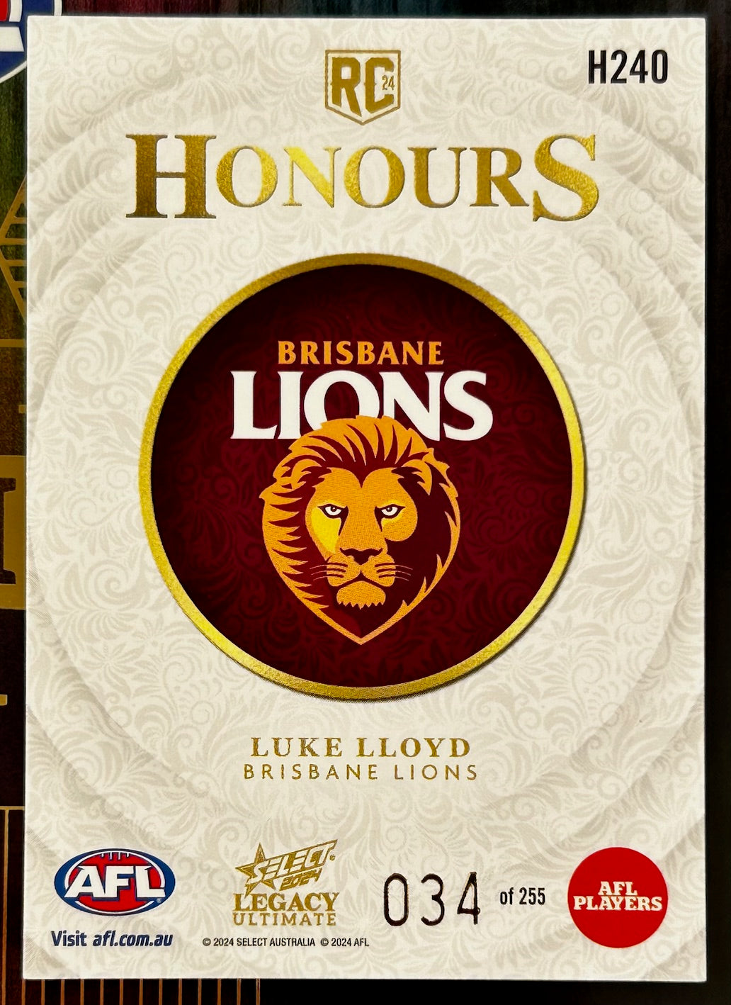 Select AFL 2024 Legacy Ultimate - LUKE LLOYD (BRISBANE LIONS) Honours RC Rookie H240 /255