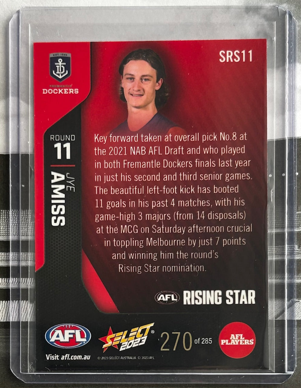 Select AFL 2023 Rising Star - JYE AMISS (FREMANTLE DOCKERS) Round 11 SRS11 /285
