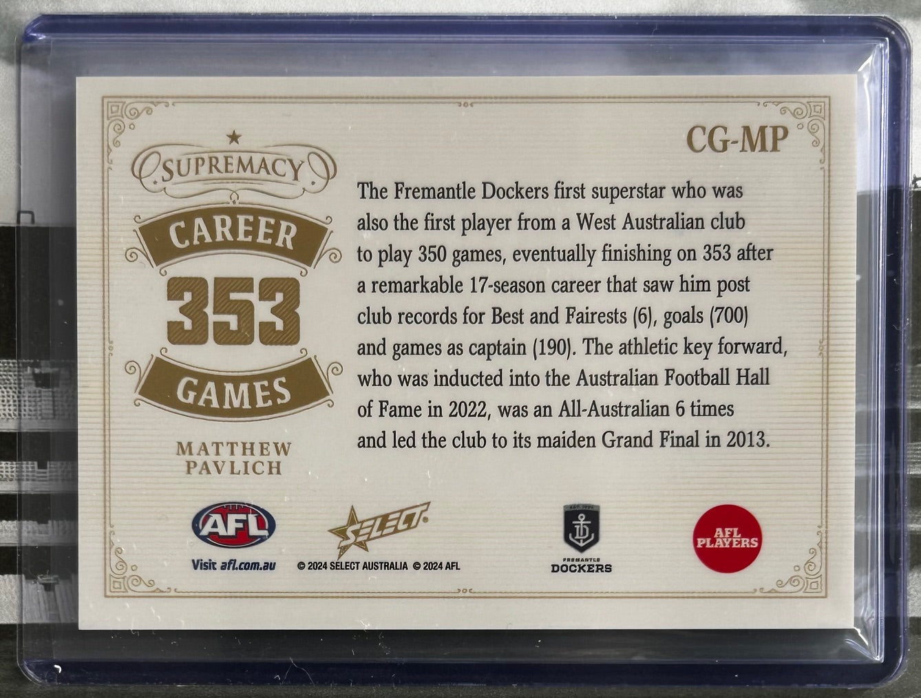 2024 AFL Select Supremacy - MATTHEW PAVLICH (FREMANTLE DOCKERS) Career Games CG-MP /55
