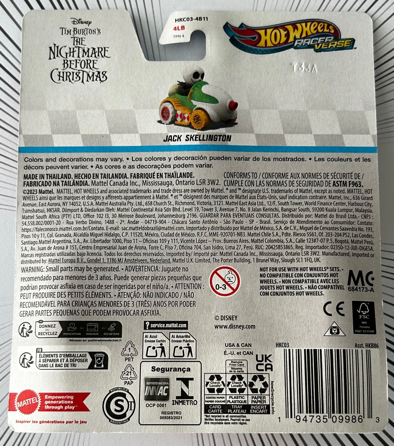 Mattel Hot Wheels RacerVerse - JACK SKELLINGTON Disney Tim Burton's The Nightmare Before Christmas HKC03