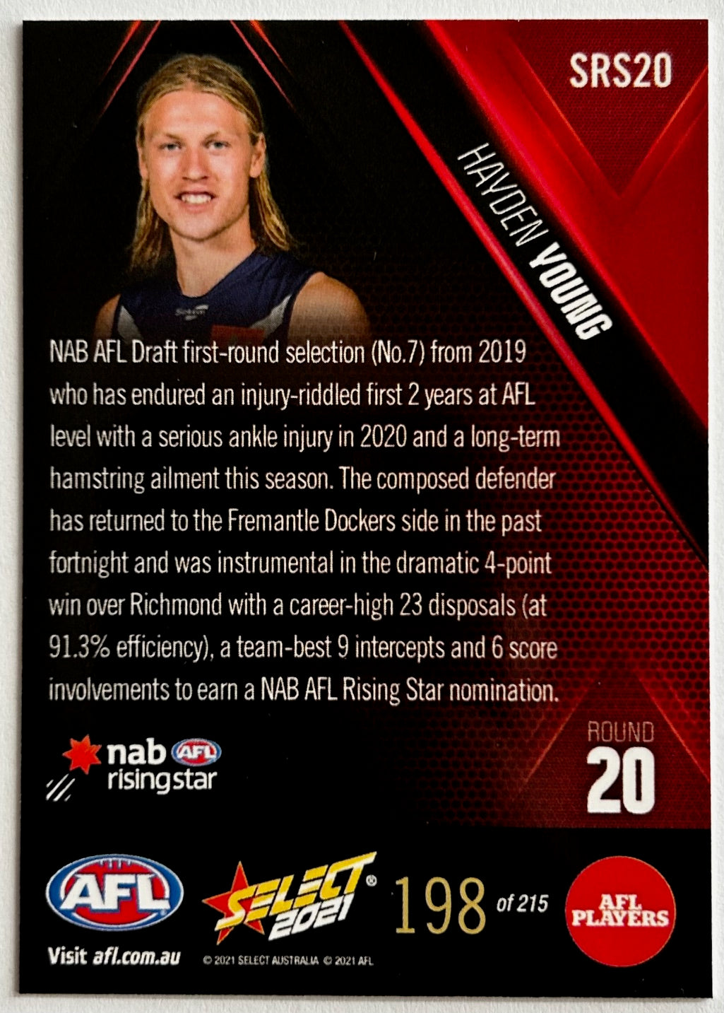 Select AFL 2021 nab Rising Star - HAYDEN YOUNG (FREMANTLE DOCKERS) Round 20 SRS20 /215