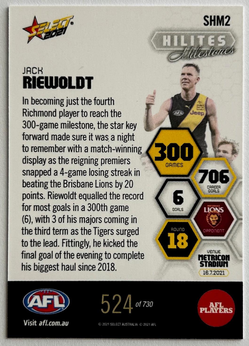 Select AFL 2021 Hilites Milestones - JACK RIEWOLDT (RICHMOND) 300 Games SHM2 /730