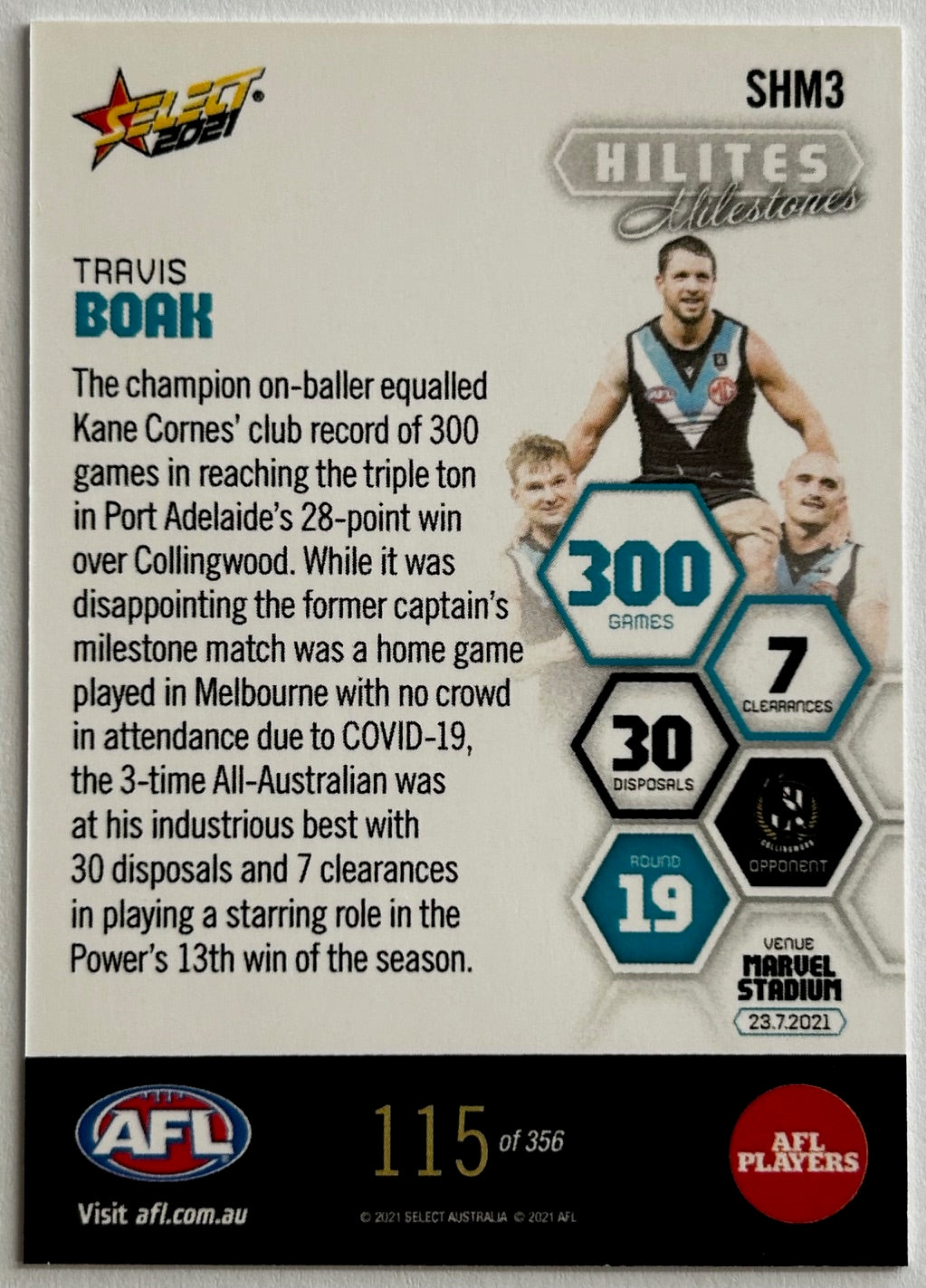 Select AFL 2021 Hilites Milestones - TRAVIS BOAK (PORT ADELAIDE) 300 Games SHM3 /356