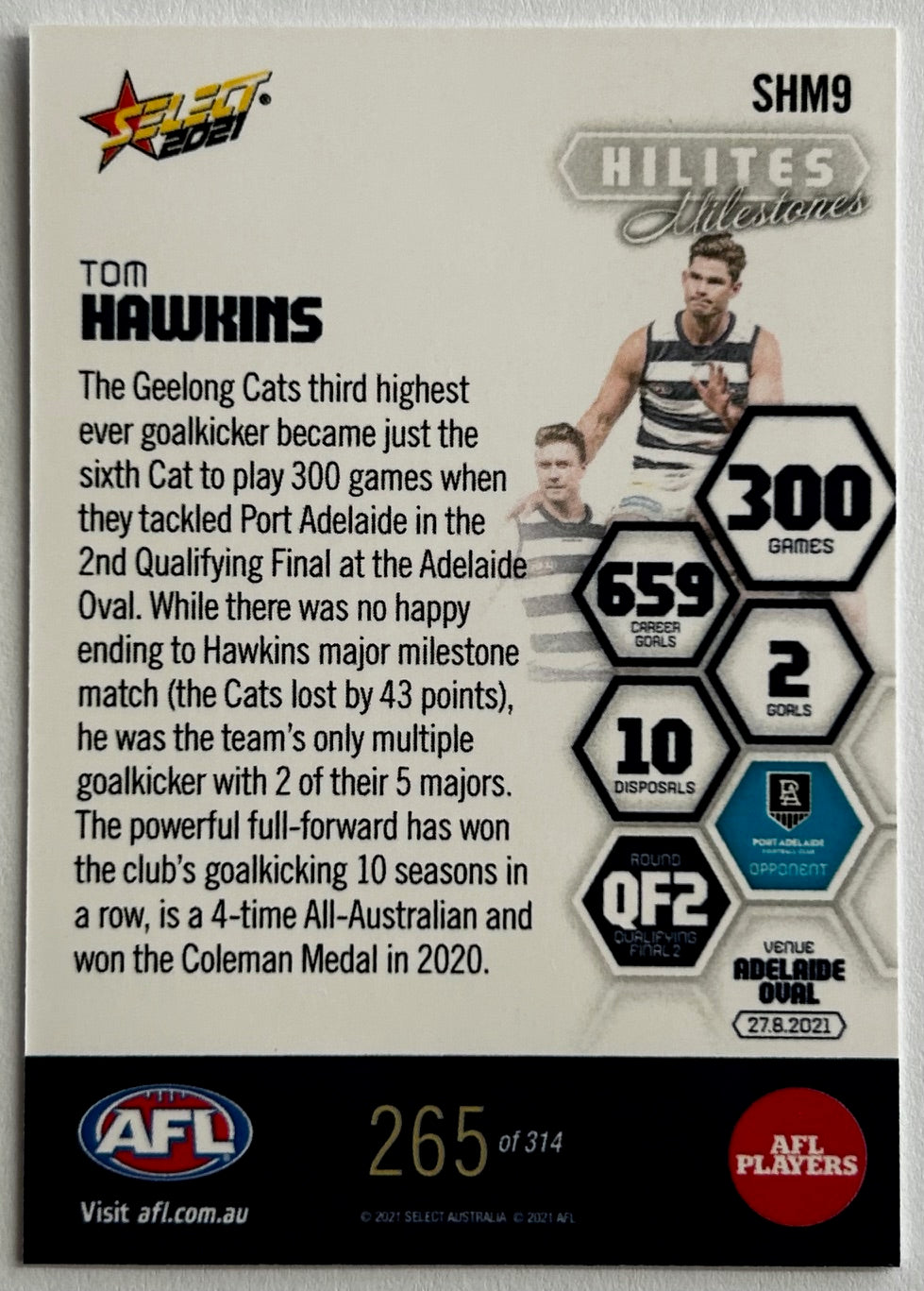 Select AFL 2021 Hilites Milestones - TOM HAWKINS (GEELONG CATS) 300 Games SHM9 /314