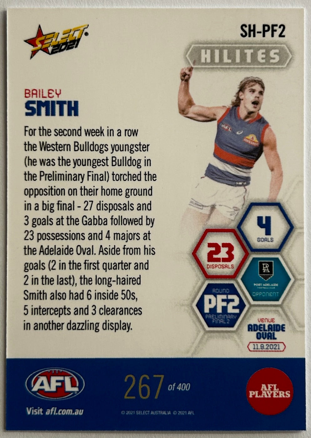 Select AFL 2021 Hilites Preliminary Final - BAIILEY SMITH (WESTERN BULLDOGS) SH-PF2 /400