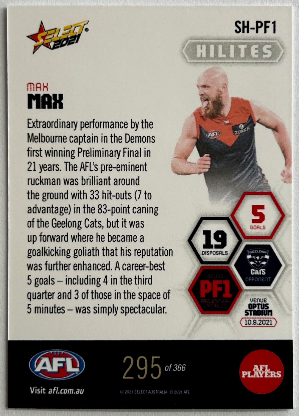 Select AFL 2021 Hilites Preliminary Final - MAX GAWN (MELBOURNE) SH-PF1 /366