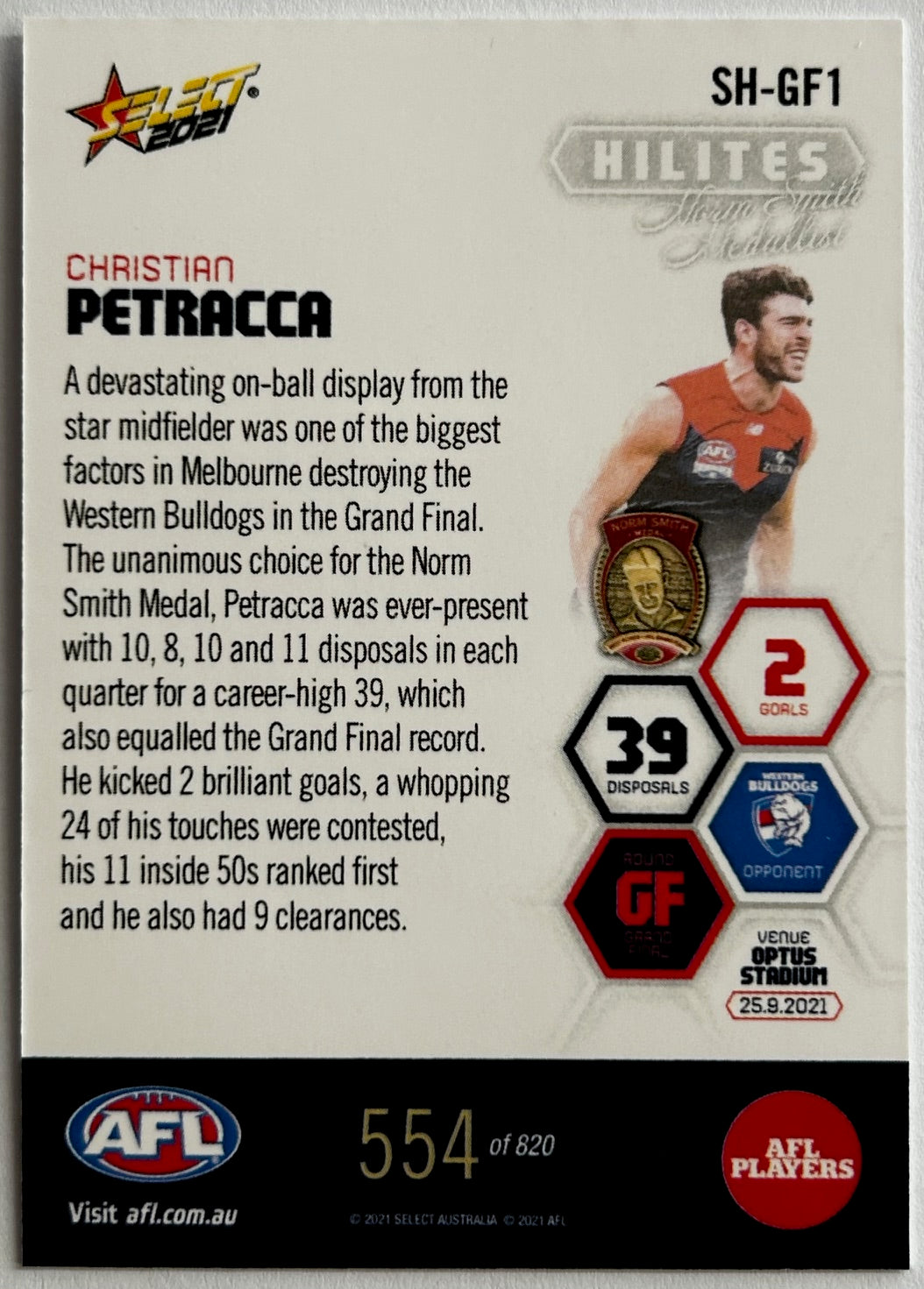 Select AFL 2021 Hilites Grand Final - CHRISTIAN PETRACCA (MELBOURNE) Norm Smith Medallist SH-GF1 /820