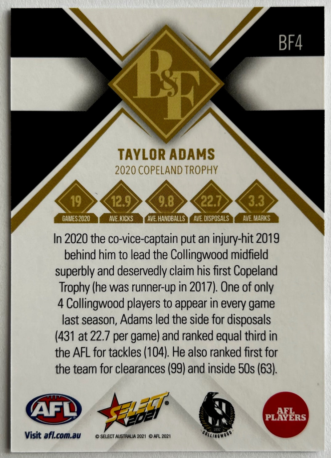 Select AFL 2021 Best & Fairest - TAYLOR ADAMS (COLLINGWOOD) B&F 2020 Copeland Trophy BF4