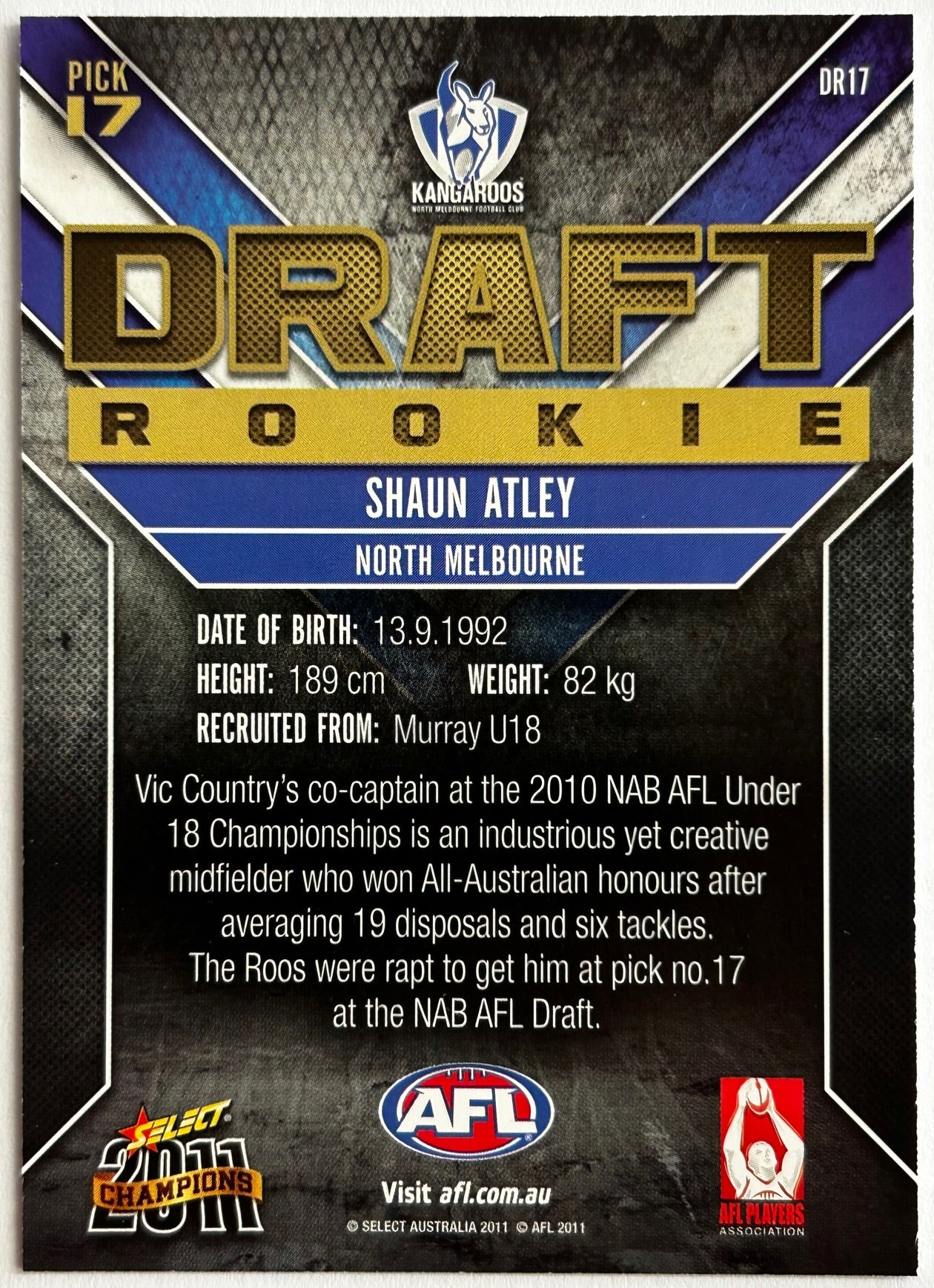 2011 Select AFL Champions - SHAUN ATLEY (NORTH MELBOURNE) Draft Rookie DR17