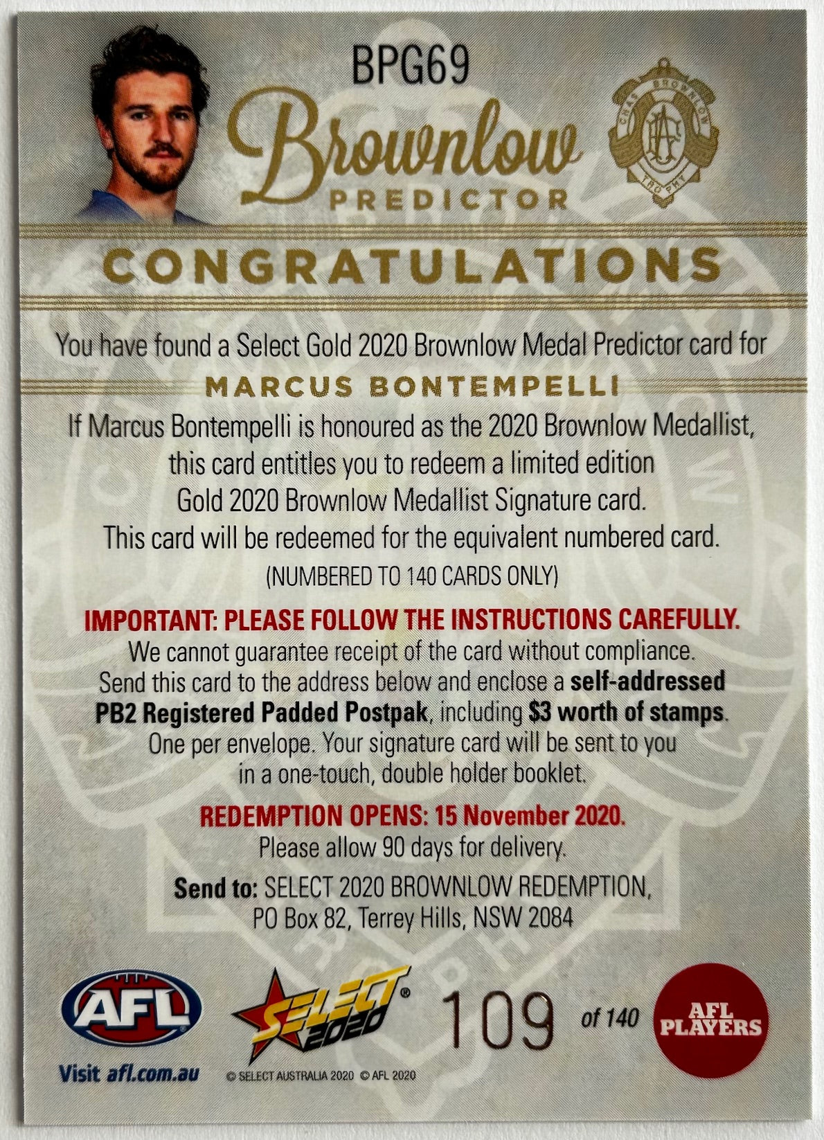 Select AFL Footy Stars 2020 - MARCUS BONTEMPELLI (WESTERN BULLDOGS) Brownlow Medal Predictor Gold BPG69 /140