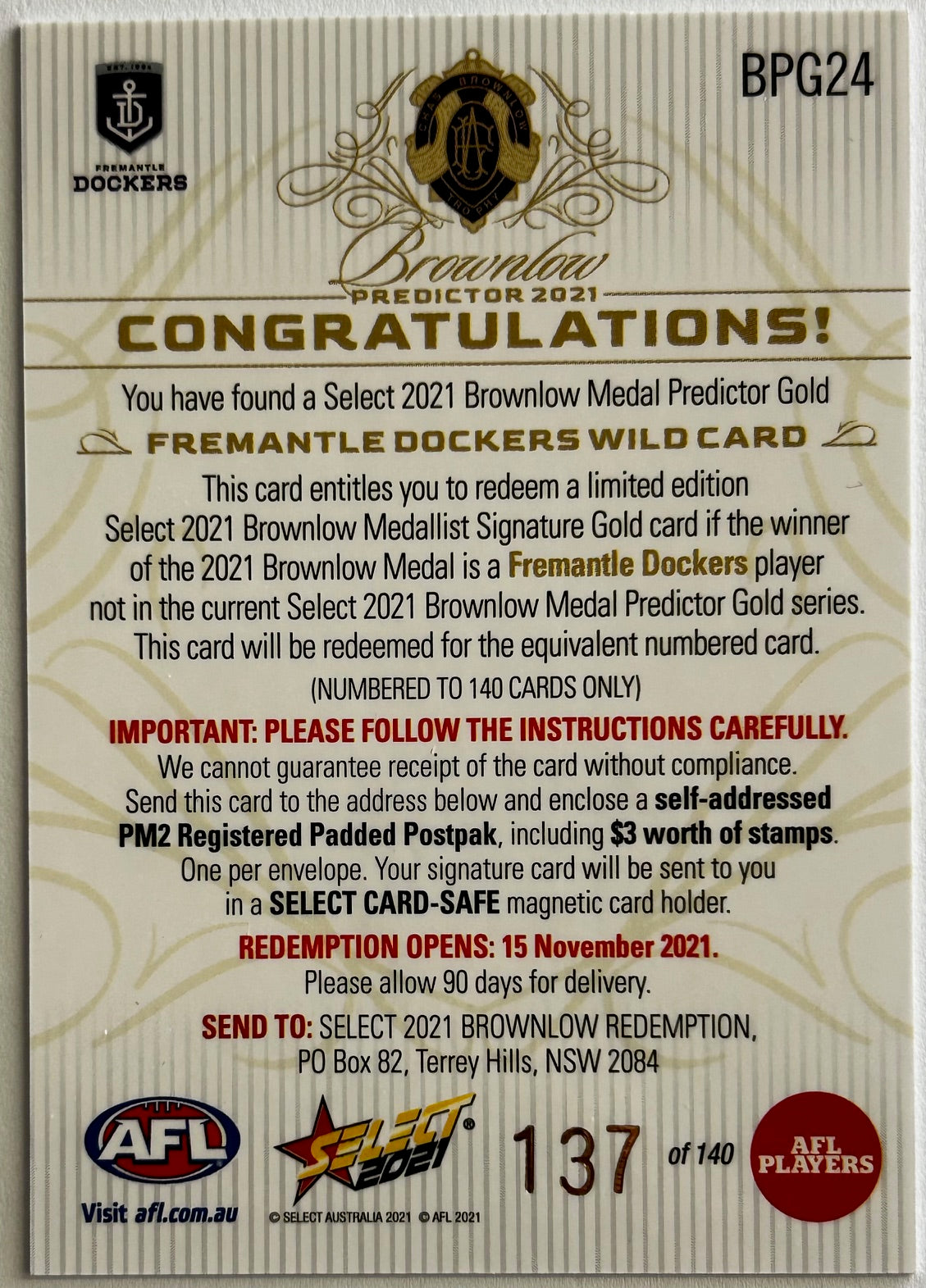 Select AFL Footy Stars 2021 - WILD CARD (FREMANTLE DOCKERS) Brownlow Medal Predictor Gold BPG24 /140