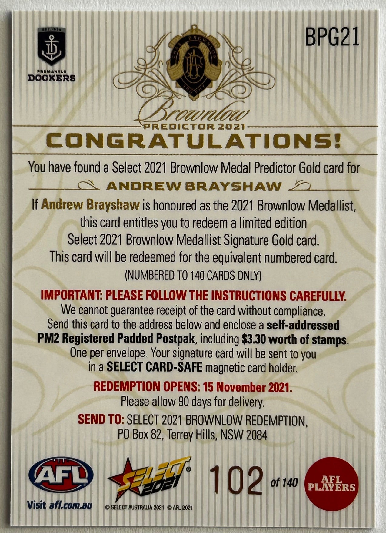 Select AFL Footy Stars 2021 - ANDREW BRAYSHAW (FREMANTLE DOCKERS) Brownlow Medal Predictor Gold BPG21 /140
