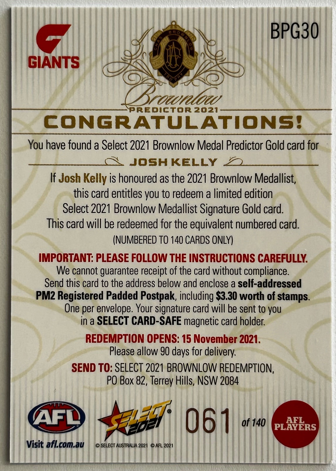 Select AFL Footy Stars 2021 - JOSH KELLY (GWS GIANTS) Brownlow Medal Predictor Gold BPG30 /140