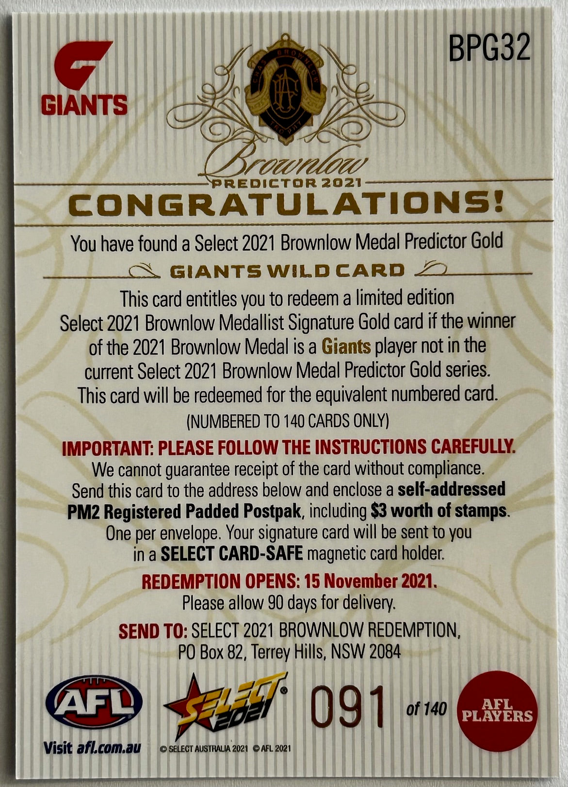 Select AFL Footy Stars 2021 - WILD CARD (GWS GIANTS) Brownlow Medal Predictor Gold BPG32 /140