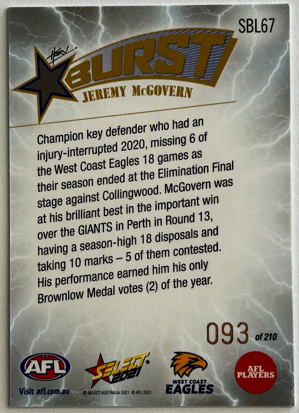 Select AFL Footy Stars 2021 - JEREMY McGOVERN (WEST COAST EAGLES) Lightning Starburst SBL67 /210
