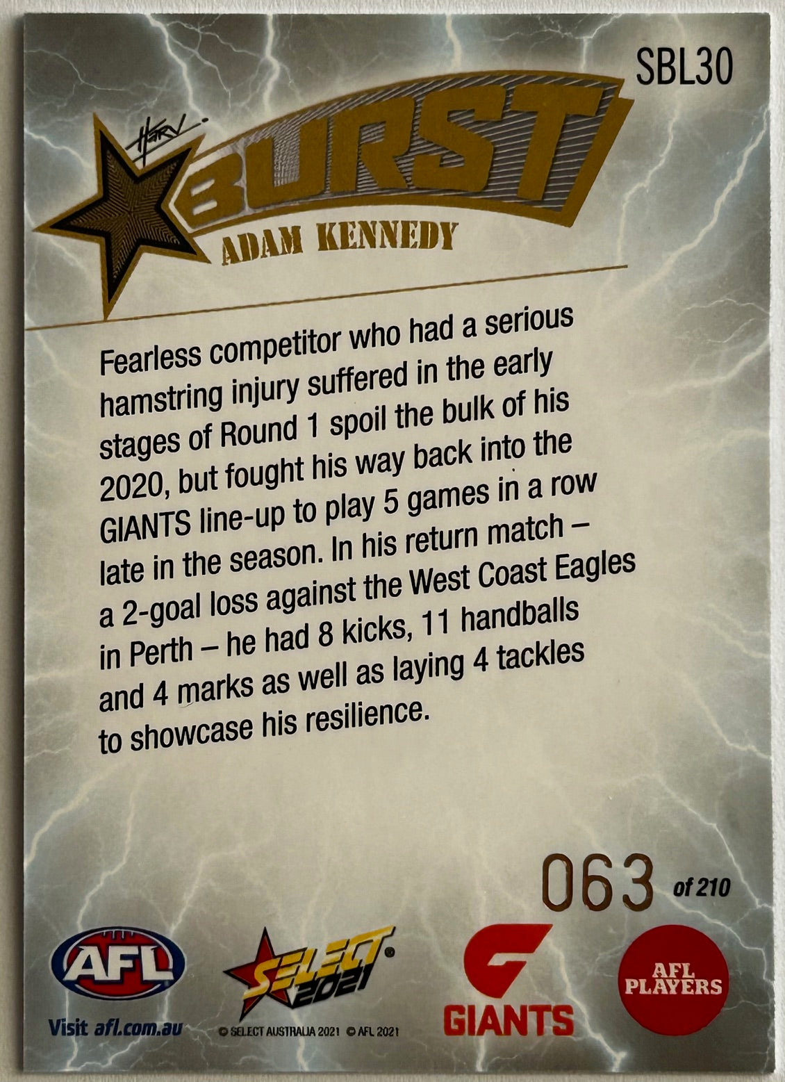 Select AFL Footy Stars 2021 - ADAM KENNEDY (GWS GIANTS) Lightning Starburst SBL30 /210