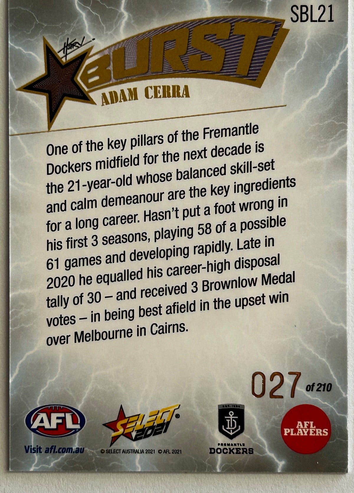 Select AFL Footy Stars 2021 - ADAM CERRA (FREMANTLE DOCKERS) Lightning Starburst SBL21 /210