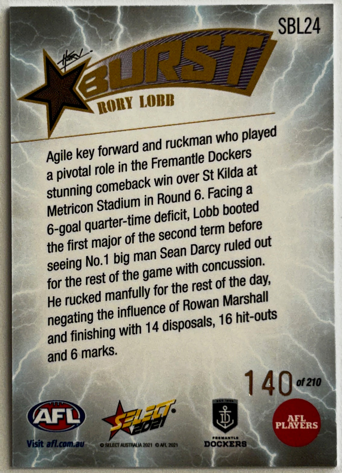 Select AFL Footy Stars 2021 - RORY LOBB (FREMANTLE DOCKERS) Lightning Starburst SBL24 /210