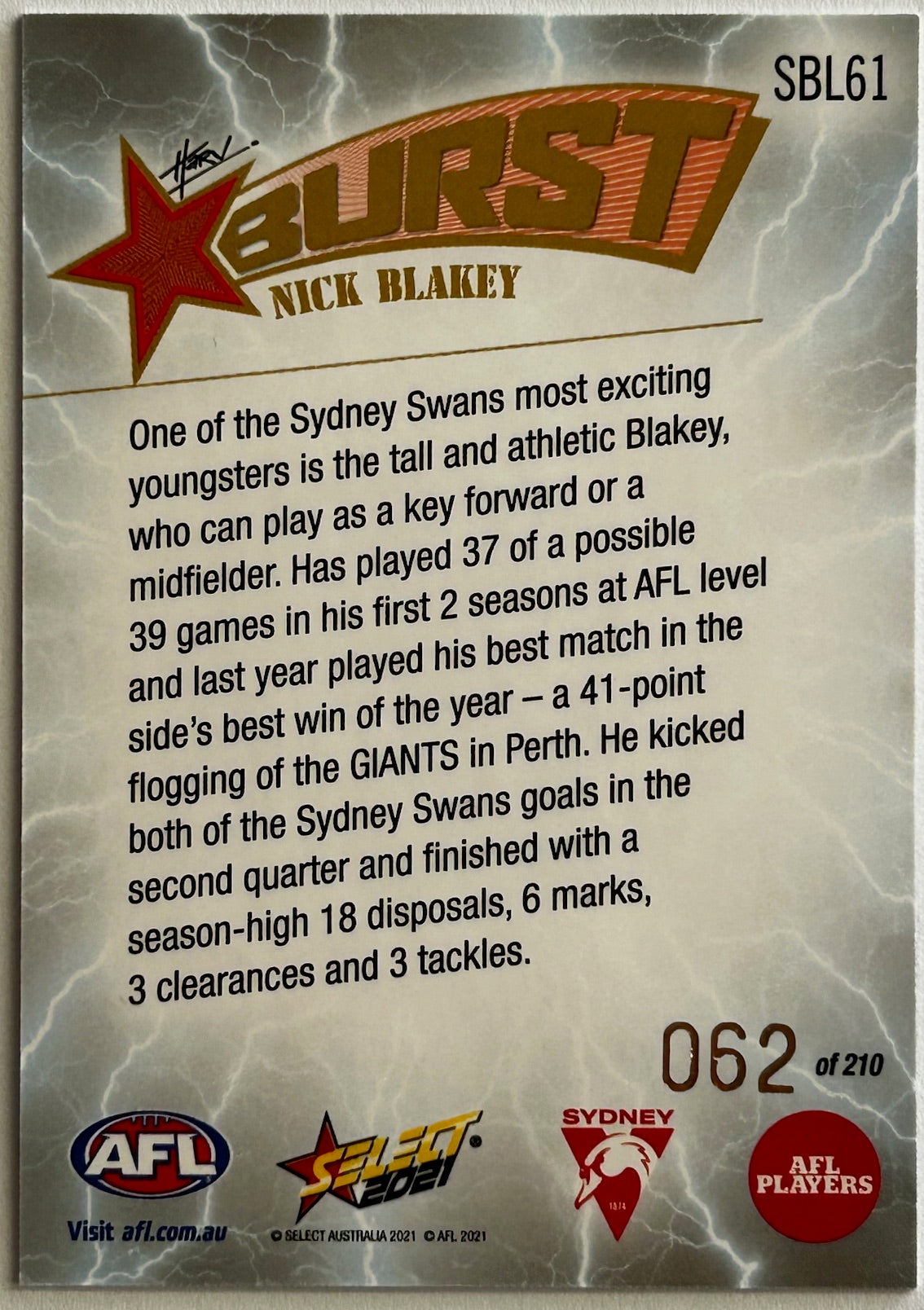 Select AFL Footy Stars 2021 - NICK BLAKEY (SYDNEY SWANS) Lightning Starburst SBL61 /210