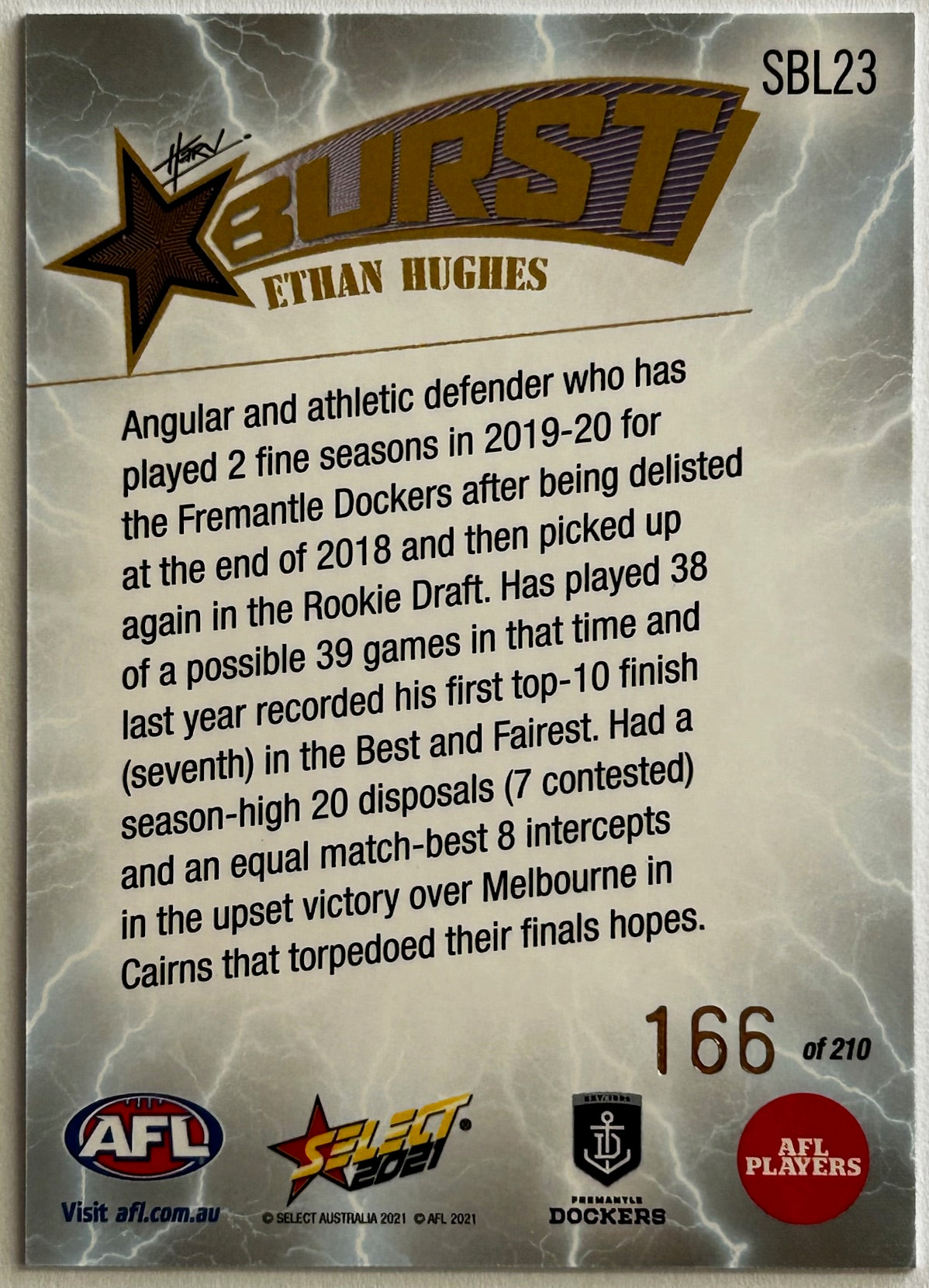Select AFL Footy Stars 2021 - ETHAN HUGHES (FREMANTLE DOCKERS) Lightning Starburst SBL23 /210