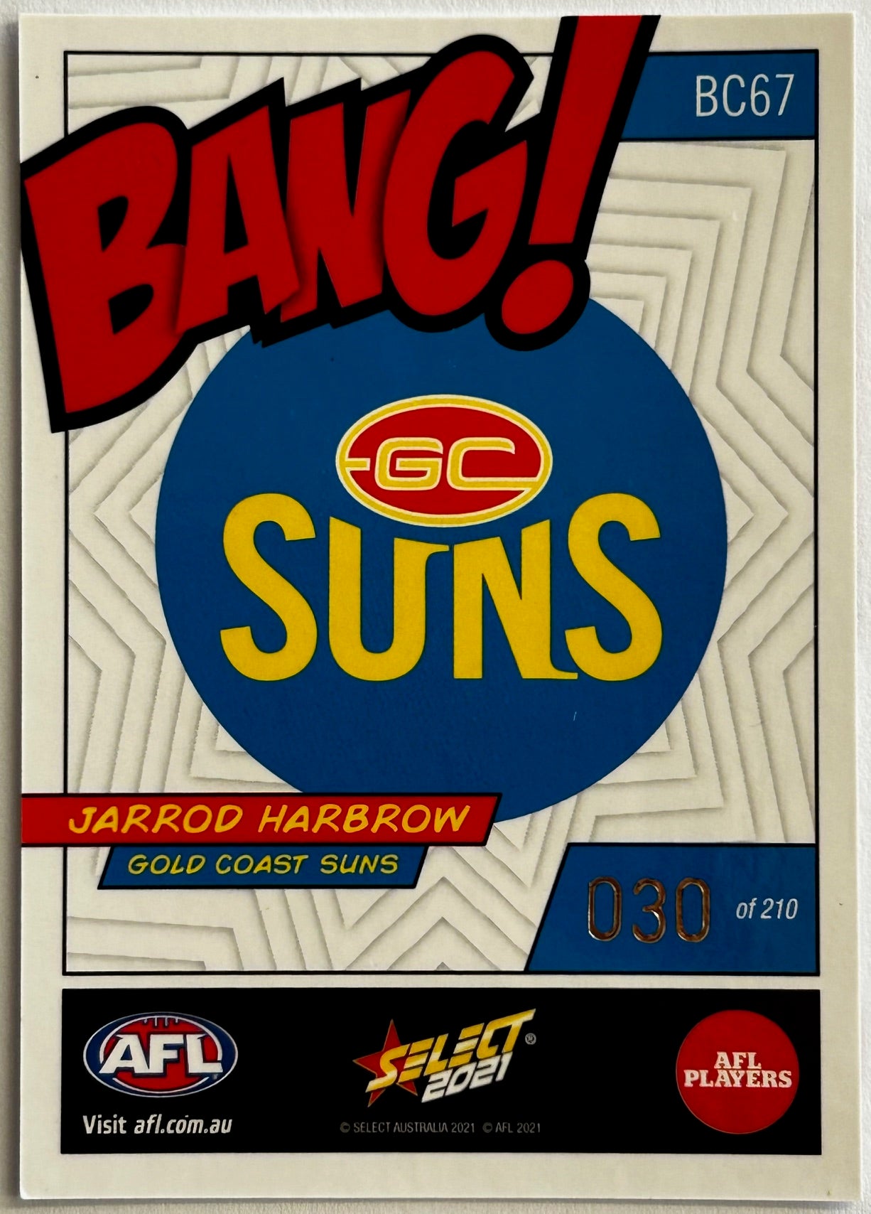 Select AFL Footy Stars 2021 - JARROD HARBROW (GOLD COAST SUNS) Bang! BC67 /210