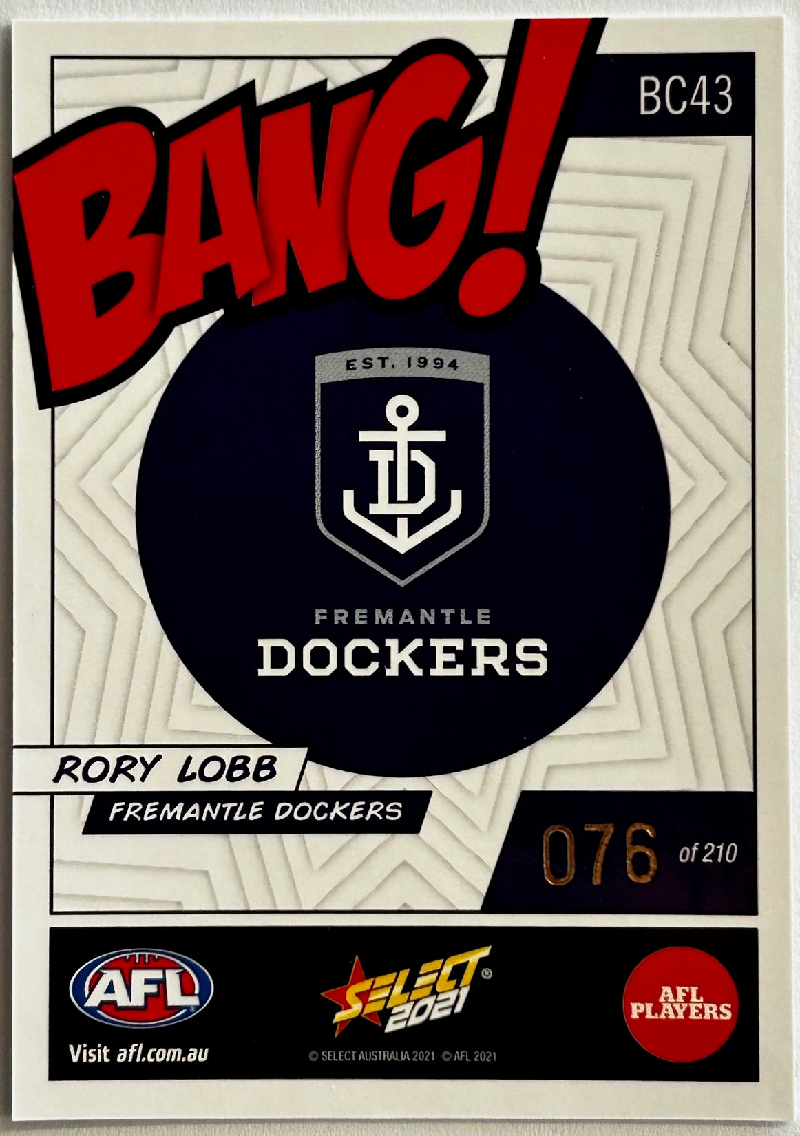 Select AFL Footy Stars 2021 - RORY LOBB (FREMANTLE DOCKERS) Bang! BC43 /210