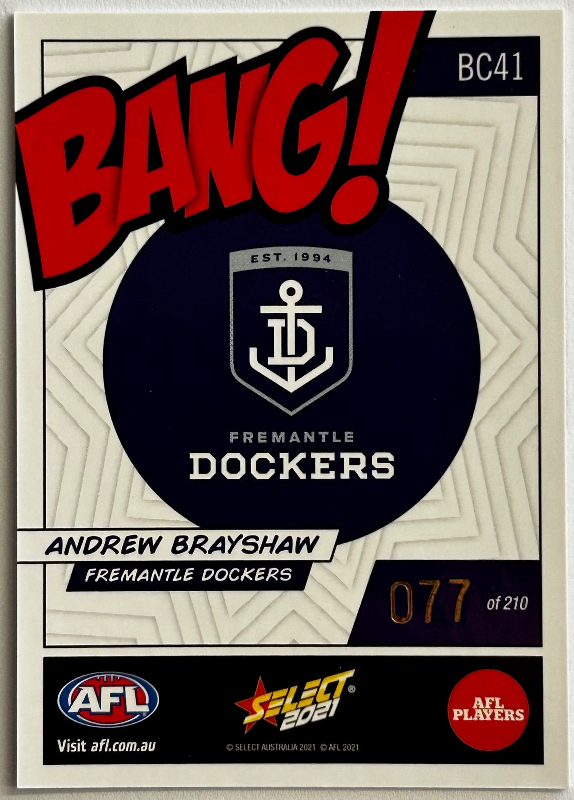 Select AFL Footy Stars 2021 - ANDREW BRAYSHAW (FREMANTLE DOCKERS) Bang! BC41 /210