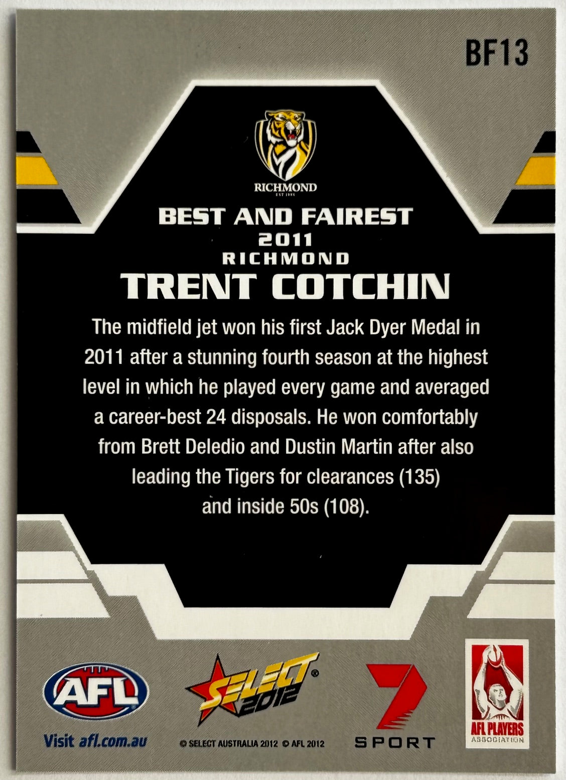 2012 AFL Select Champions - TRENT COTCHIN (RICHMOND) 2011 Best & Fairest BF13