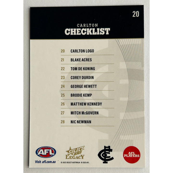Select AFL 2023 Legacy - Single CARLTON Cards (#20 - #28)