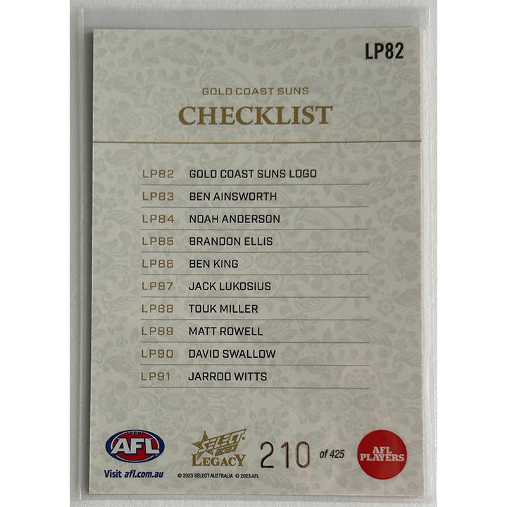 Select AFL 2023 Legacy - CHECKLIST (GOLD COAST SUNS) Legacy+ LP82 #210/425