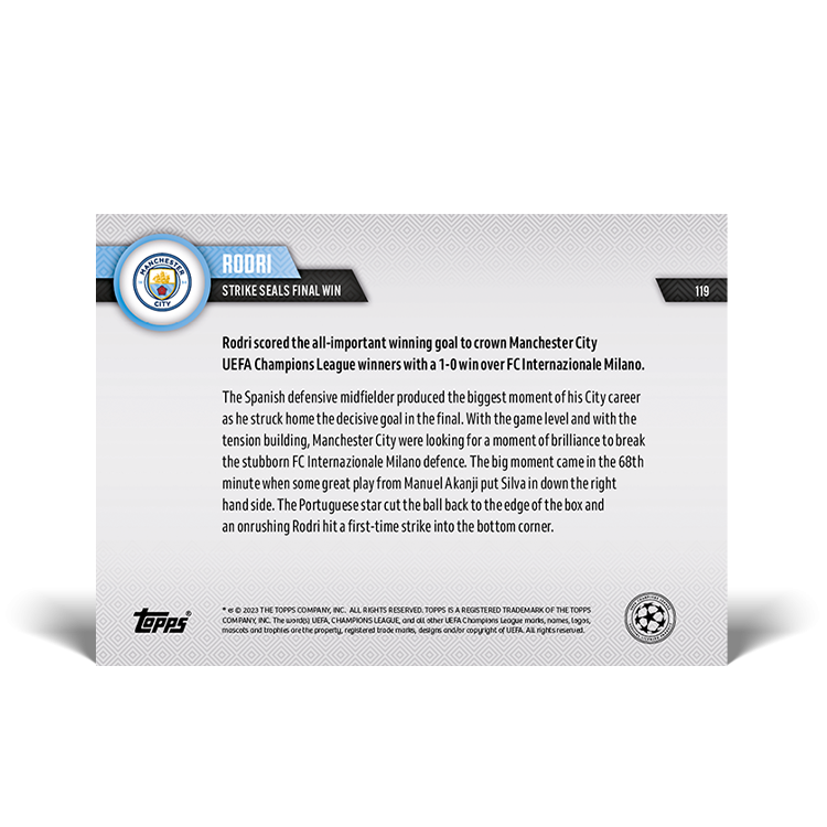 Topps Now 2022-23 UEFA Champions League - Rodri Strike Seals Final Win 10.06.23 #119