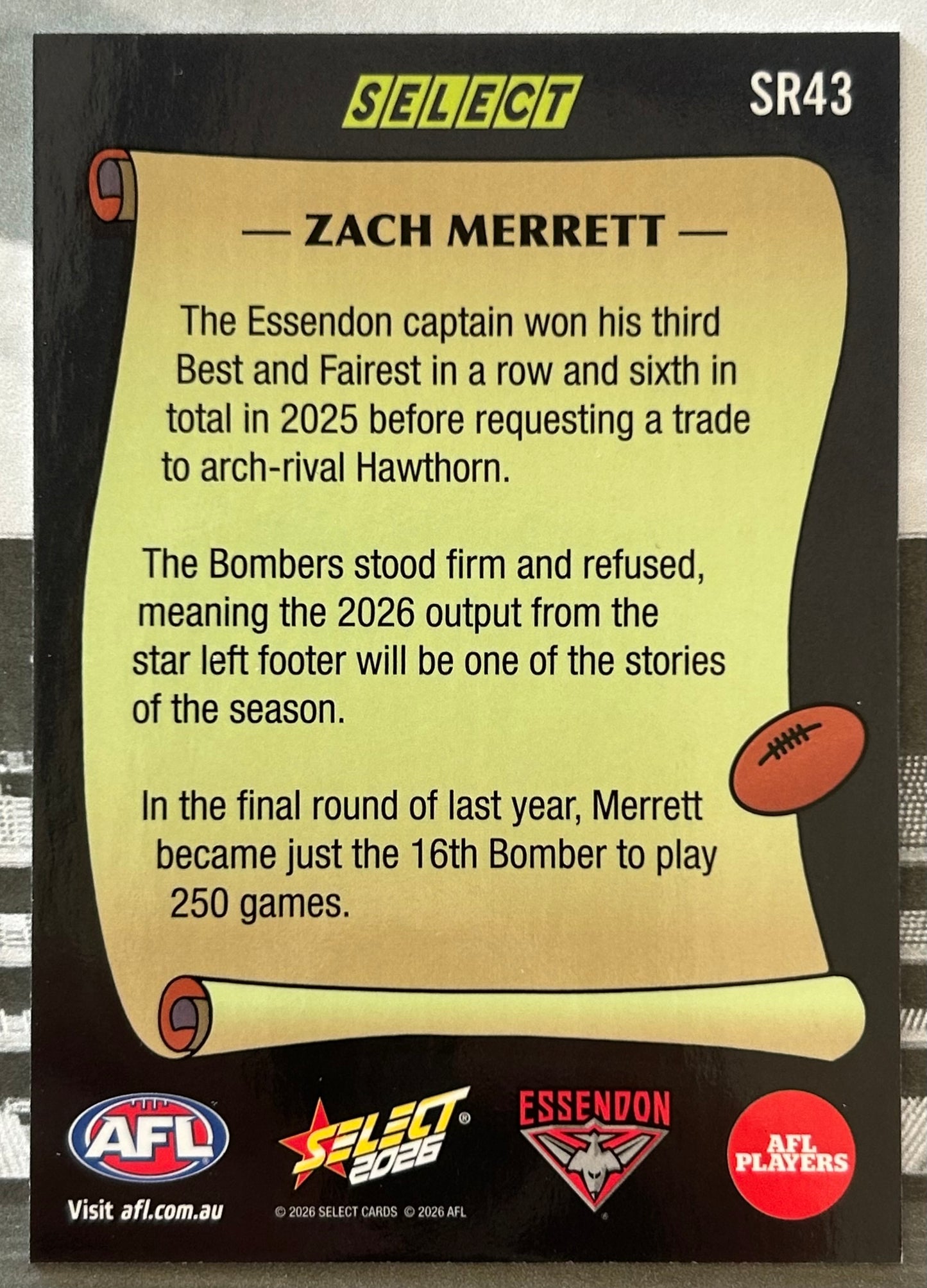 Select AFL Footy Stars 2026 - ZACH MERRETT (ESSENDON) Select Rewind SR43