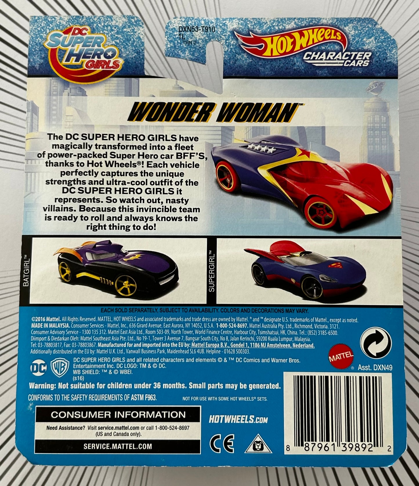 Mattel Hot Wheels Diecast Character Cars 1:64 - Wonder Woman DC Super Hero Girls