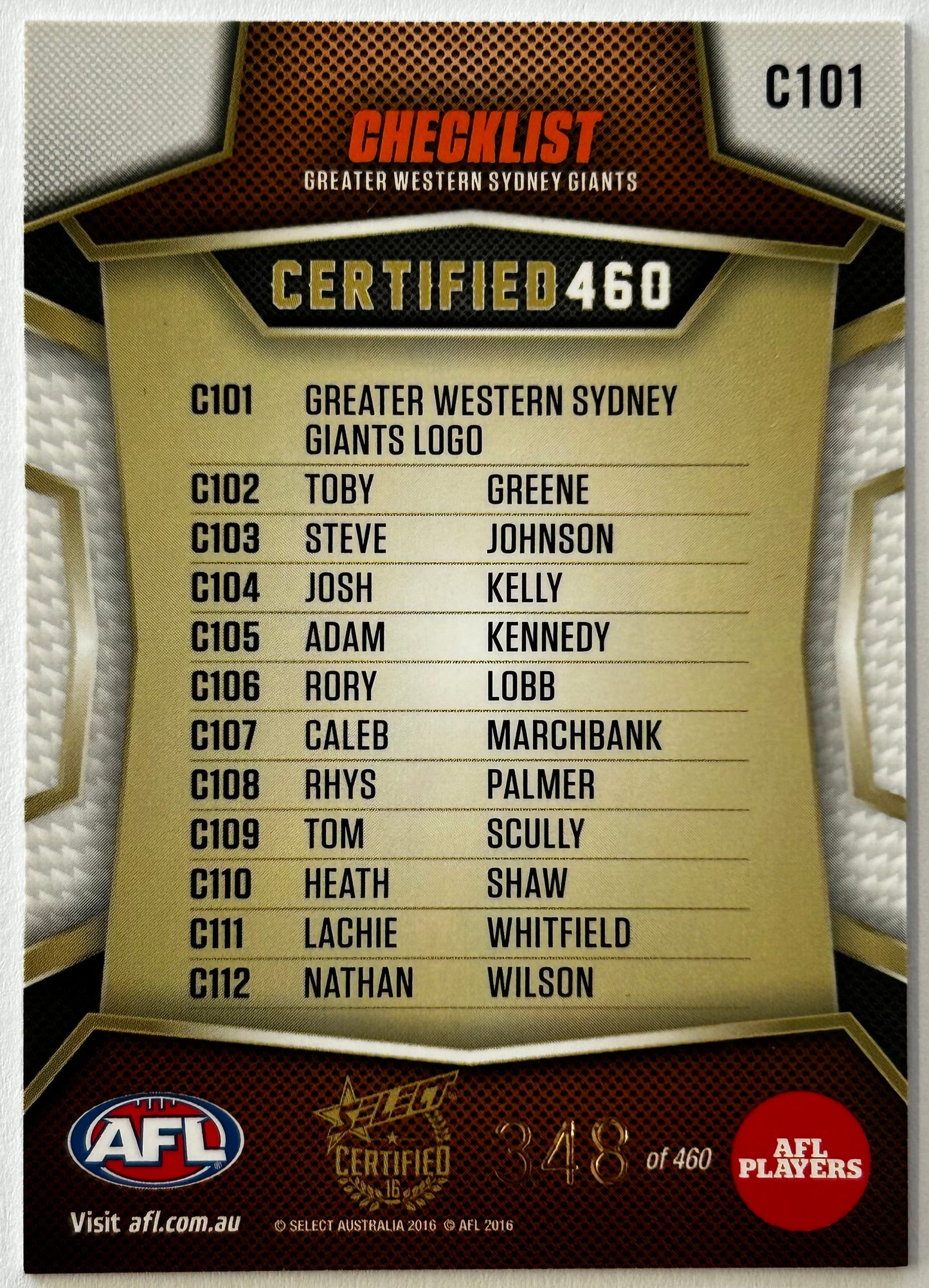 2016 AFL Select Certified - GREATER WESTERN SYDNEY GIANTS LOGO Certified 460 C101 /460