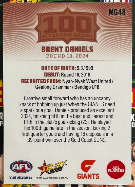 Select AFL 2025 Footy Stars - BRENT DANIELS (GWS GIANTS) 100 Milestone Games MG48