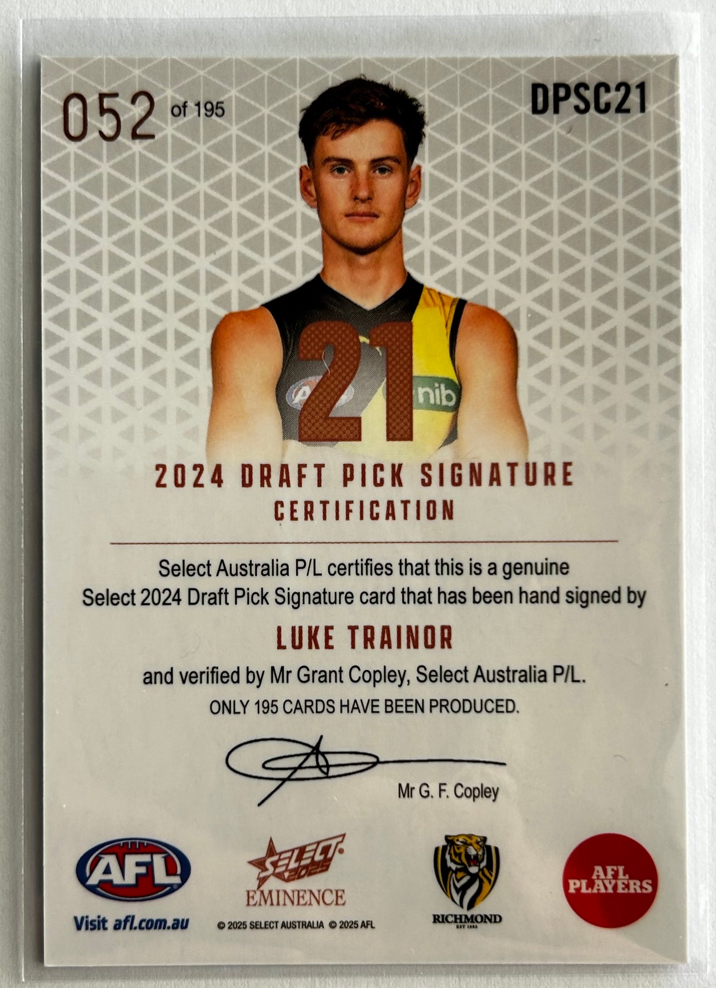 2025 AFL Select Eminence - LUKE TRAINOR (RICHMOND TIGERS) Draft Pick Signature Copper /195 DPSC21