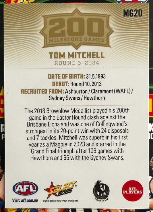 Select AFL 2025 Footy Stars - TOM MITCHELL (COLLINGWOOD) 200 Milestone Games MG20