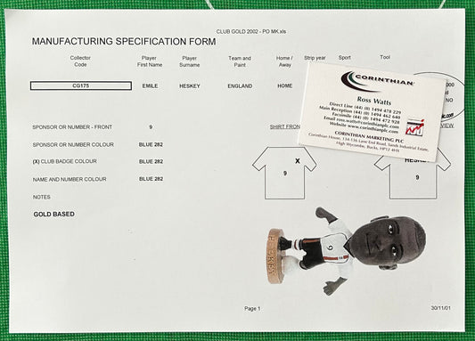 Corinthian ProStars Manufacturing Specification Form - EMILE HESKEY (ENGLAND) Club Gold 2002 CG175