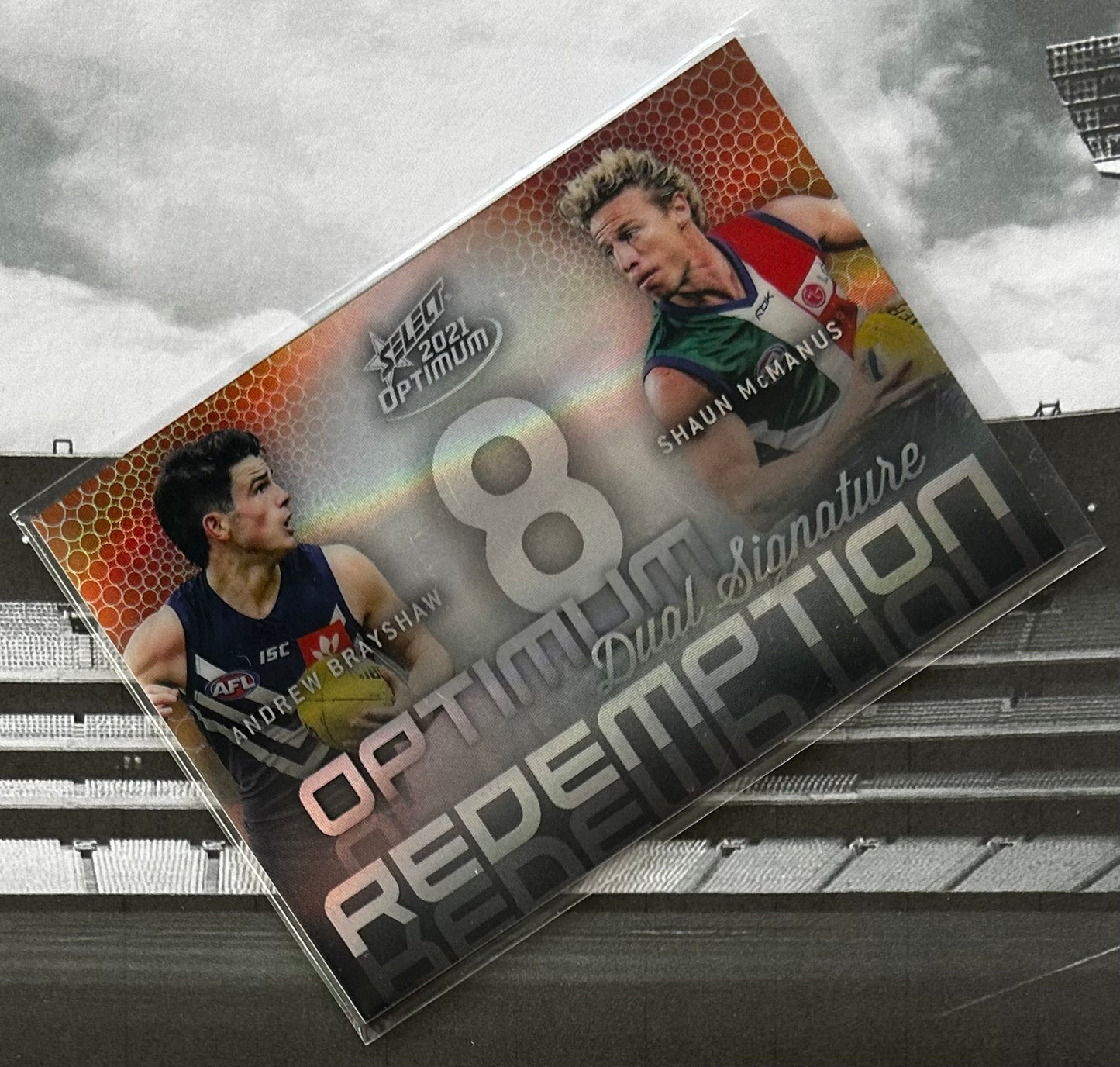 2021 AFL Select Optimum - ANDREW BRAYSHAW & SHAUN McMANUS (FREMANTLE DOCKERS) Optimum Mirror Dual Signature Redemption OMDSR6 /50