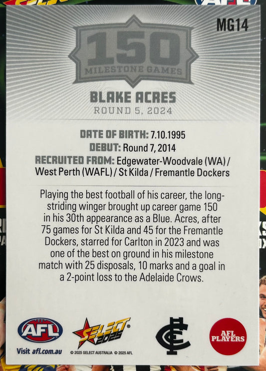 Select AFL 2025 Footy Stars - BLAKE ACRES (CARLTON) 150 Milestone Games MG14