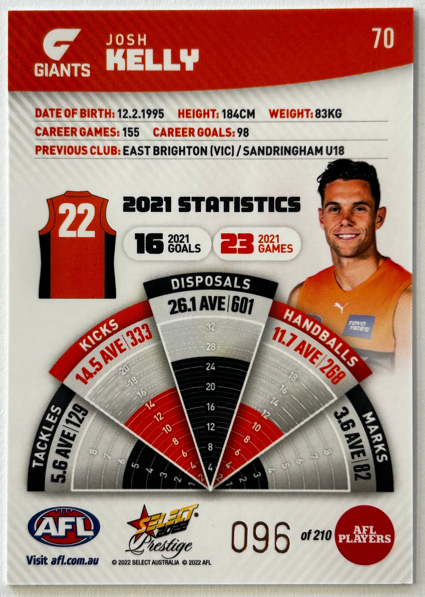 2022 AFL Select Prestige - JOSH KELLY (GWS GIANTS) Orange #70 /210