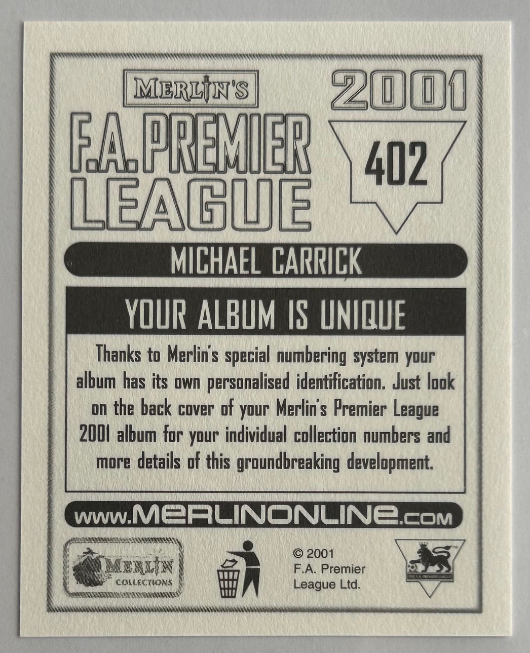 2001 Merlin FA Premier League Sticker - MICHAEL CARRICK (WEST HAM) #402 Rookie RC