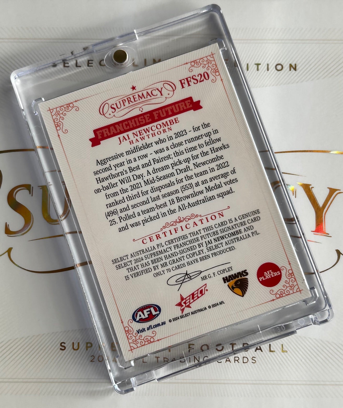 2024 AFL Select Supremacy - JAI NEWCOMBE (HAWTHORN) Franchise Future Signature Card /70 FFS20