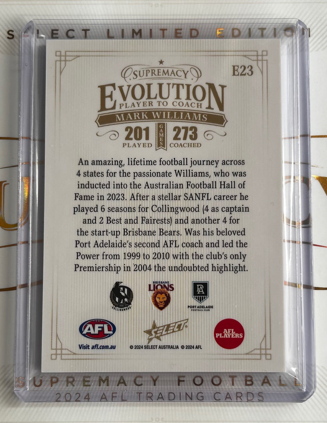 2024 AFL Select Supremacy - MARK WILLIAMS (COLLINGWOOD & PORT ADELAIDE) Evolutions /55 E23 - #1 of 55 Print Run