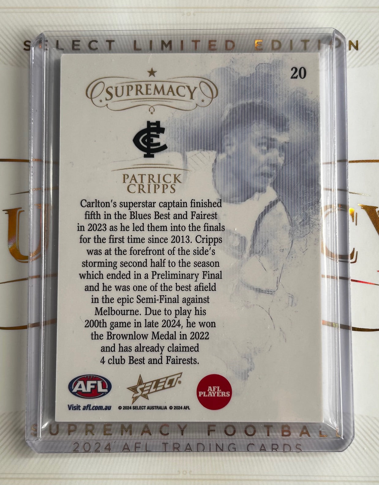 2024 AFL Select Supremacy - PATRICK CRIPPS (CARLTON) Gold /95 #20