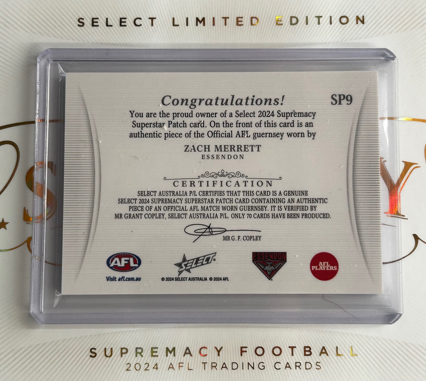 2024 AFL Select Supremacy - ZACH MERRETT (ESSENDON) Superstar Patch /70 SP9